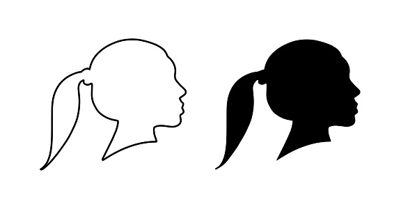 Woman head isolated black shadow shape. Flat simple vector silhouette. Ponytail hairstyle. Female beauty, fashion outline icon set.