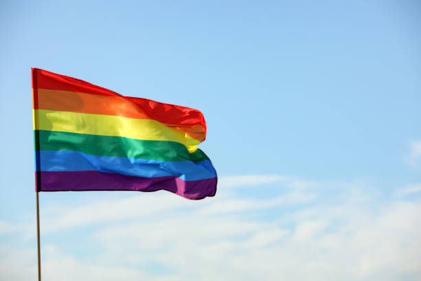 istock Bright LGBT flag against blue sky with clouds, space for text 1426216445