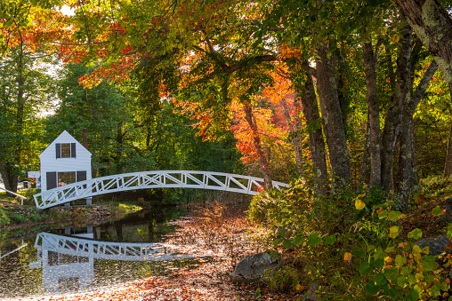 Somesville, USA - October 12, 2021. Somesville Bridge in Autumn, Mount Desert Island, Maine, USA