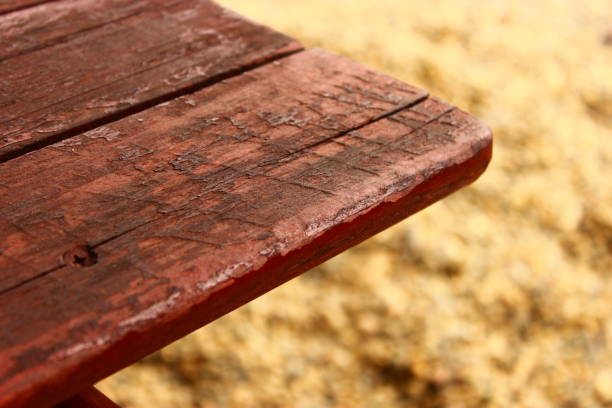 Close up view of damage to timber decking at residential home.