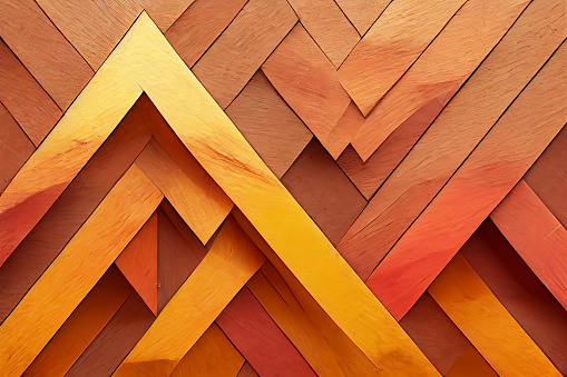 3d illustration. Wooden triangles on a background of wood. Abstract low poly background. Polygonal shapes background, low poly triangles mosaic, geometric shape with wood texture. 3d render