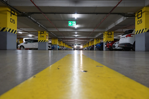Parking garage, walls are yellow and gray, Istanbul Turkey