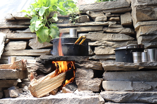 open fire for cooking used in rural indian villages