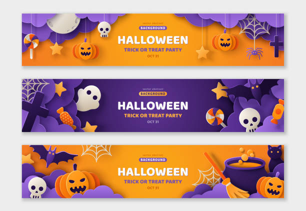 ilustrações de stock, clip art, desenhos animados e ícones de halloween banners set paper cut - halloween