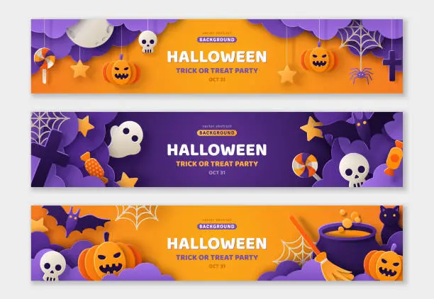 Vector illustration of Halloween banners set paper cut