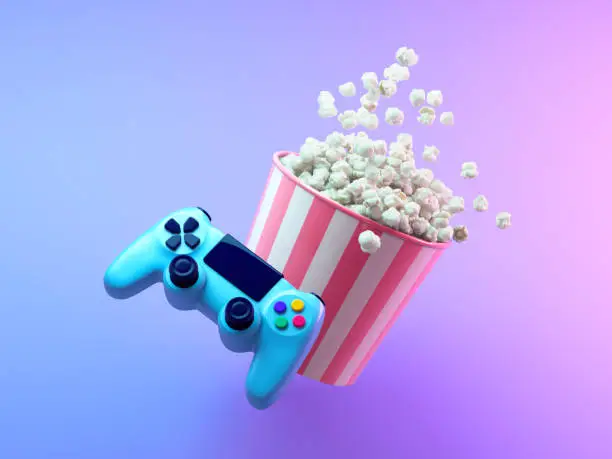 Gamepad and popcorn illuminated by neon violet light. 3d illustration