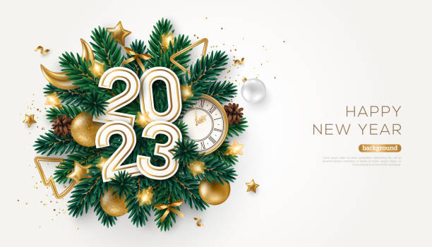 New Year 2023 Poster Fir tree White Merry Christmas Happy New Year 2023 Poster. Xmas Fir Tree Branches, Golden Baubles, Moon, Clock on White Background. Vector illustration. Pattern holiday frame template design, promo banner, flyer new years day stock illustrations