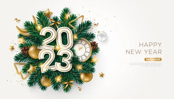 Vector illustration of New Year 2023 Poster Fir tree White