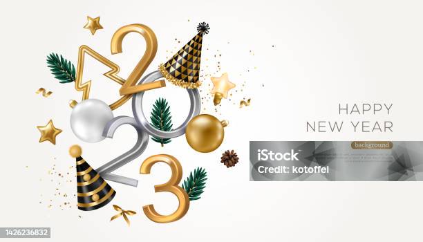 Capodanno 2023 Gold Baubles Party Hat - Immagini vettoriali stock e altre immagini di 2023 - 2023, Vigilia di Capodanno, Capodanno