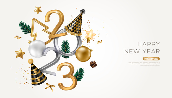 Merry Christmas Happy New Year 2023 Poster. Metal Numbers, Xmas Fir Tree Branches, Golden Baubles, Party Hat, White Background. Vector illustration. Holiday eve greeting design, sale banner, flyer