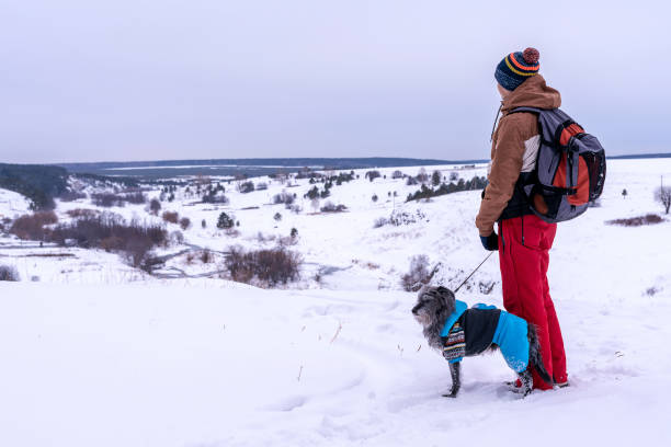 istock young man in red brown warm clothes with backpack with mixed breed dog in warm blue suit walking in snow mountain looking at view of valley in winter Active lifestyle hiking pets adoption 1426239846
