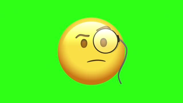 Animated Face With Monocle Emoji. Seamless Loopable. 4K Cartoon Emoji Face Emoticon  Animation on Green Screen Background. Social Media Expression Emotion and Feelings Sharing Concept, Magnifying Eye, Looking through magnifying glass, spying, inspecting.