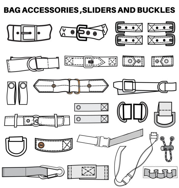 Buckles, Sliders and clasps flat sketch vector illustration set, different types bag accessories, locks and buckles for back packs, climbing equipment, garments dress fasteners and Clothing belt Buckles, Sliders and clasps flat sketch vector illustration set, different types bag accessories, locks and buckles for back packs, climbing equipment, garments dress fasteners and Clothing belt metal clip stock illustrations
