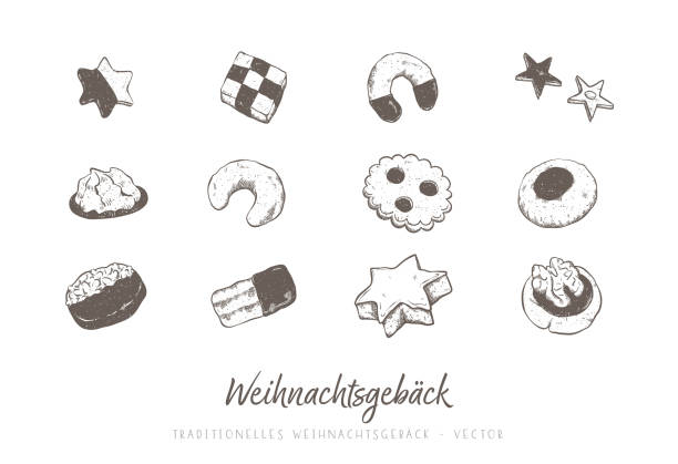 schöne handgezeichnete traditionelle kekse nahtloses muster, deutsch und österreichisch "weihnachtsgebäck, " ideal für weihnachtsdesigns und drucke - vektor - zimtstern stock-grafiken, -clipart, -cartoons und -symbole