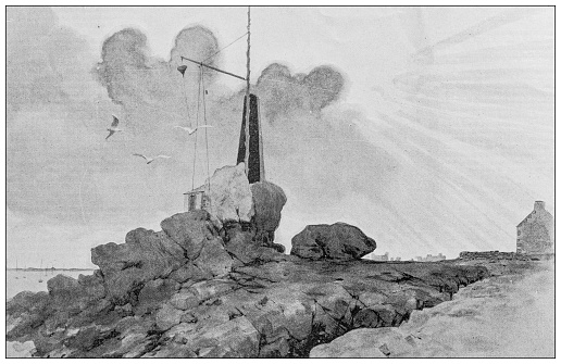 Antique illustration: Île de Sein lighthouse wind semaphore flag