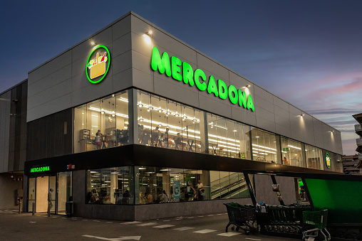 Blanes, Girona, Spain - July 25, 2022: Corner of the Mercadona supermarket facade in Blanes, Catalonia