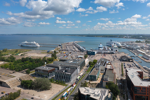 Aerial view towards the harbor area in Tallinn, and the Baltic sea.