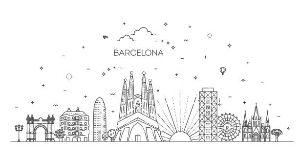 ilustraciones, imágenes clip art, dibujos animados e iconos de stock de horizonte de barcelona, españa. ilustración de línea vectorial - barcelona
