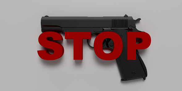 Stop arming concept: Black handgun on white background with red bold STOP text in 3D render.  A weapon illustration. Education can stop all wars. Violence in video game industry has increased negatively mental health
