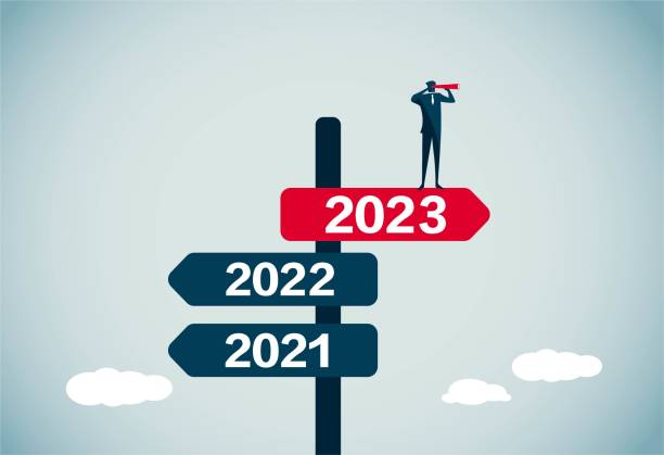 looking forward to the new year Man holding binoculars standing on street sign looking to the future, This is a set of business illustrations the end stock illustrations