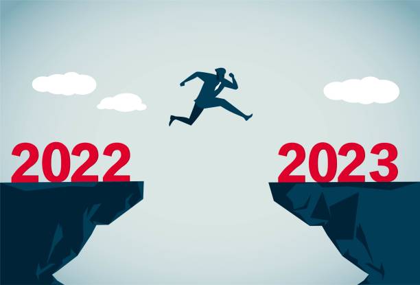 people from old year to new year Man jumps hard on cliff to the other side, This is a set of business illustrations 2023 2022 stock illustrations