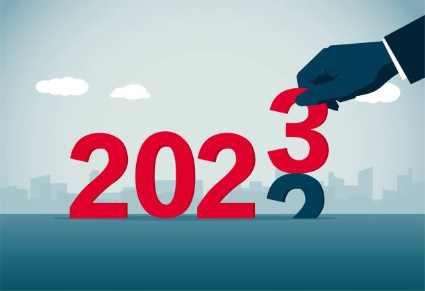 Upcoming 2023 One arm holds the number 3 instead of 2, heralding the arrival of the new year, This is a set of business illustrations upcoming events clip art stock illustrations