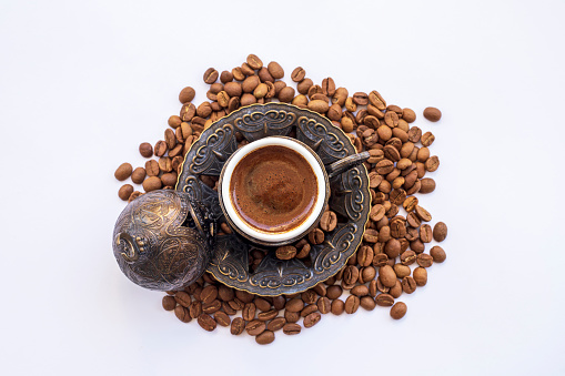Traditional delicious Turkish coffee and coffee beans