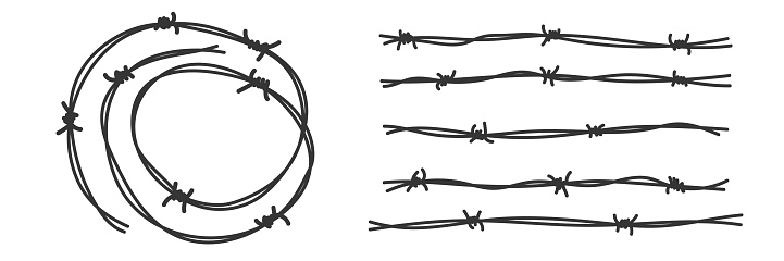 Barbed wire circle and line view set. Fence barbwire, border chain silhouette. War barb. Vector  illustration  on white background