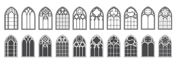 kirchenfenster gesetzt. silhouetten von gotischen bögen in linie und glyphen-klassik-stil. alte kathedrale-glasrahmen. mittelalterliche innenelemente. vektor - cathedral stock-grafiken, -clipart, -cartoons und -symbole
