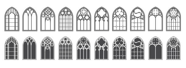 ilustraciones, imágenes clip art, dibujos animados e iconos de stock de conjunto de ventanas de la iglesia. siluetas de arcos góticos en línea y glifo de estilo clásico. antiguos marcos de cristal de catedral. elementos interiores medievales. vector - gothic style castle church arch