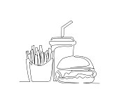 istock Continuous line drawing of Hand Hamburger, Frenchfries and drink vector illustration. Junk Food single line hand drawn minimalism style. 1426266776