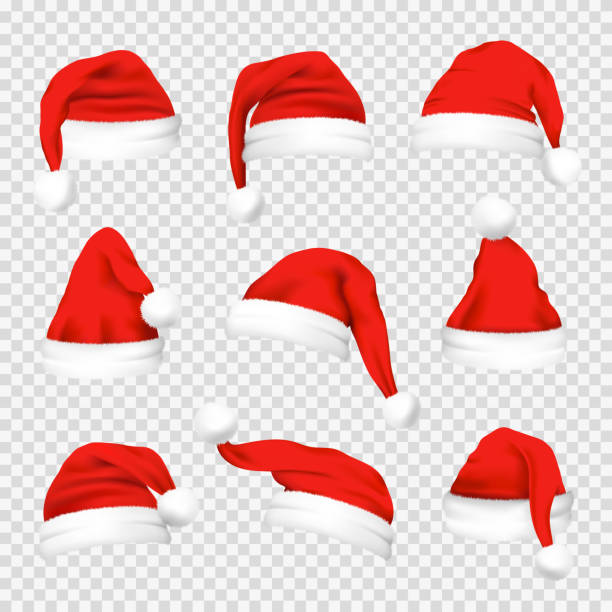 realistische santa hüte. santa claus weihnachten urlaub mützen, feier flauschige plüsch süße rote winter kopfbedeckung kostüm, 3d vektor-set - nikolausmütze stock-grafiken, -clipart, -cartoons und -symbole