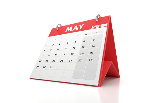 May 2023 Desktop Calendar on white background. Time Concept.