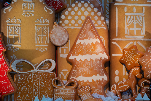 Beautiful Christmas gingerbread house cookies decorations background.