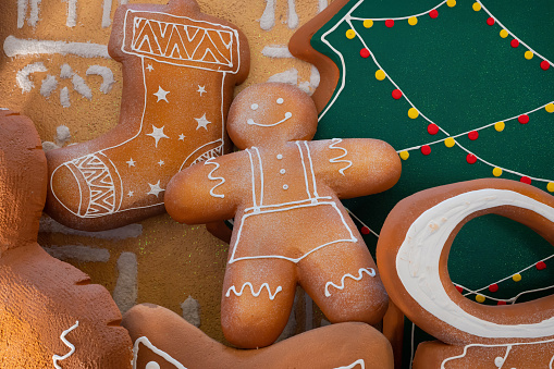 Beautiful Christmas gingerbread man cookies decorations background.
