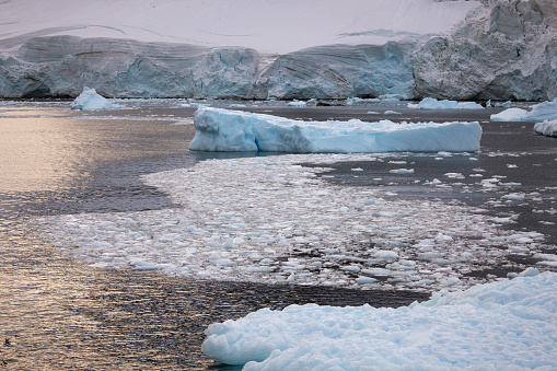 Antarctic Peninsula. Water is covered with ice and icebergs