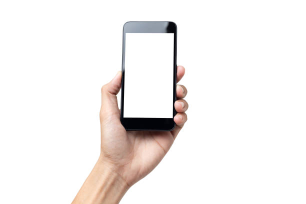 istock Hand man holding mock up mobile smartphone with blank screen isolated on white background with clipping path 1426276152