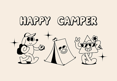 Set of Funny Retro Illustration. Vector Characters in Vintage Style. Outdoor Summer Camp Logo.