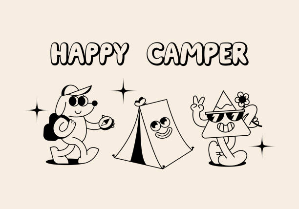 Set of Funny Retro Illustration. Vector Characters in Vintage Style. Outdoor Summer Camp Logo Set of Funny Retro Illustration. Vector Characters in Vintage Style. Outdoor Summer Camp Logo. hipster dog stock illustrations
