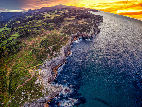 Aerial view of the Cliffs of Hell in Ribadesella, Asturias Spain