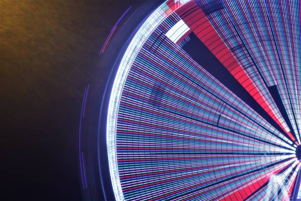 Long exposure of a ferris wheel turning at night.