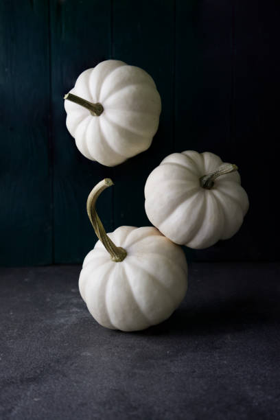 istock Close-up cute white pumpkins balancing on a dark background 1426280154
