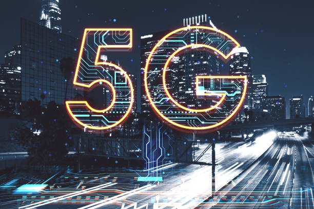 istock Abstract 5G hologram on blurry night city backdrop. Speed, internet and technology, communication concept. Double exposure. 1426280711