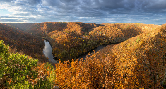 Thaya river during summer or autumn time. Sunny day in the Thayatal Valley, National park,boarder Czech republic and  Lower Austria. Top view of the river with turns of meanders and forests in bright sunlight. Nature