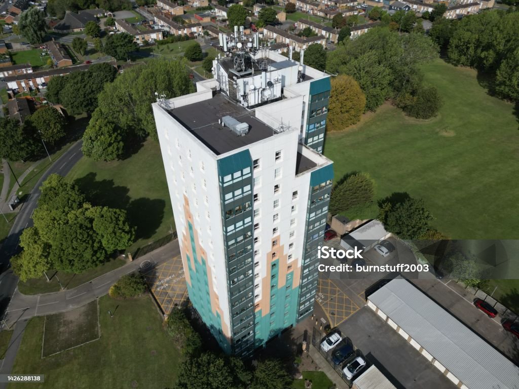 Arial view of suburban 1960s residential tower block with flammable cladding. Bayswater Court also known as Bayswater Tower. Kingston upon Hull. Yorkshire Bayswater Court also known as Bayswater Tower is a multi-storey residential 1960 tower block covered in flammable cladding the same dangerous cladding that encased Grenfell tower. More than 300 tower blocks in the UK are still waiting to have Grenfell-style cladding stripped because of fears it could contribute towards another deadly blaze. Apartment Stock Photo