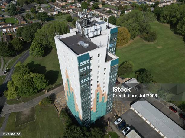 Arial View Of Suburban 1960s Residential Tower Block With Flammable Cladding Bayswater Court Also Known As Bayswater Tower Kingston Upon Hull Yorkshire Stock Photo - Download Image Now
