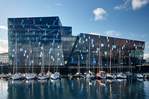 Harbour and The Harpa Concert Hall in Reykjavik, Iceland.