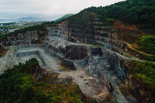 Industrial landscape with Quarry and mountain in Campeche, Florianopolis. Aerial view
