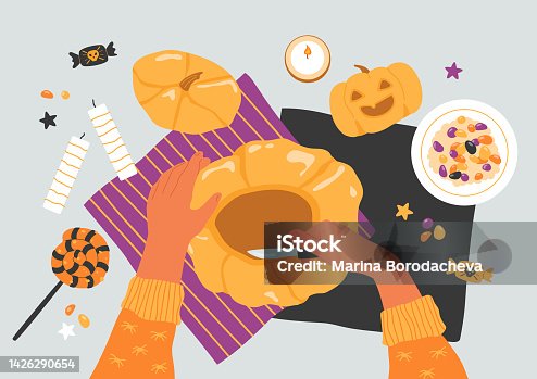 istock Halloween pumpkin carving. Flat lay of preparing decoration for party. 1426290654