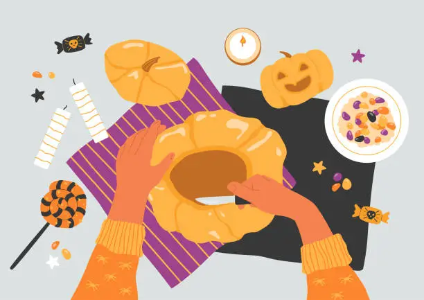 Vector illustration of Halloween pumpkin carving. Flat lay of preparing decoration for party.